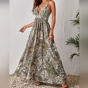 New Flowy Boho Scarf Print Maxi Dress Plunge V Neck Halter Long White Tan Beige